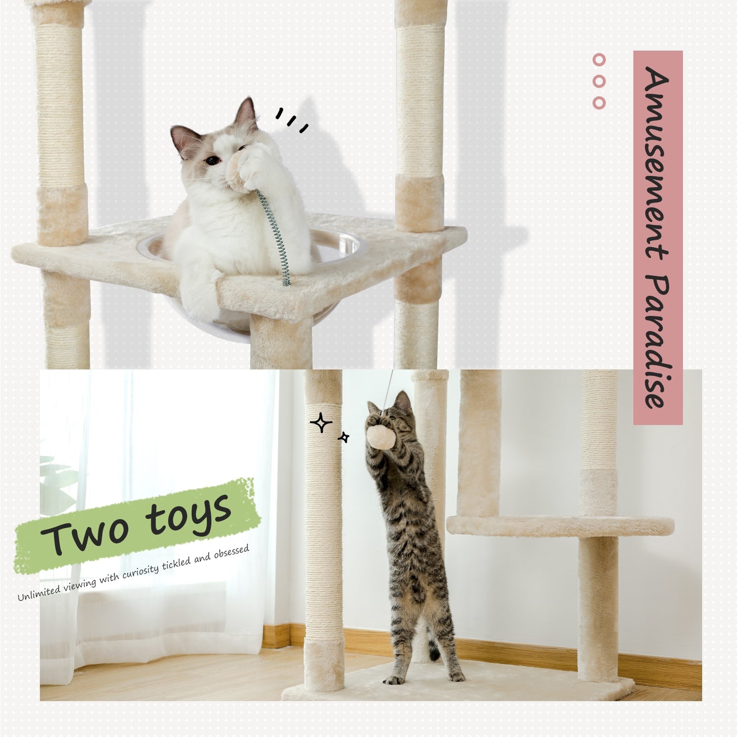 PAWZ Road Cat Tree Tower Scratching Post Floor to Ceiling Height Adjustable Cat Condo Bed Beige