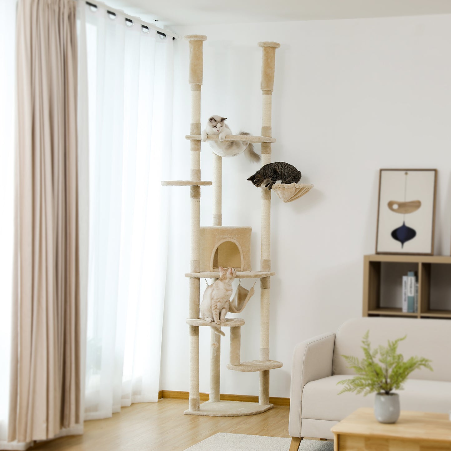 PAWZ Road Cat Tree Tower Scratching Post Floor to Ceiling Height Adjustable Cat Condo Bed Beige