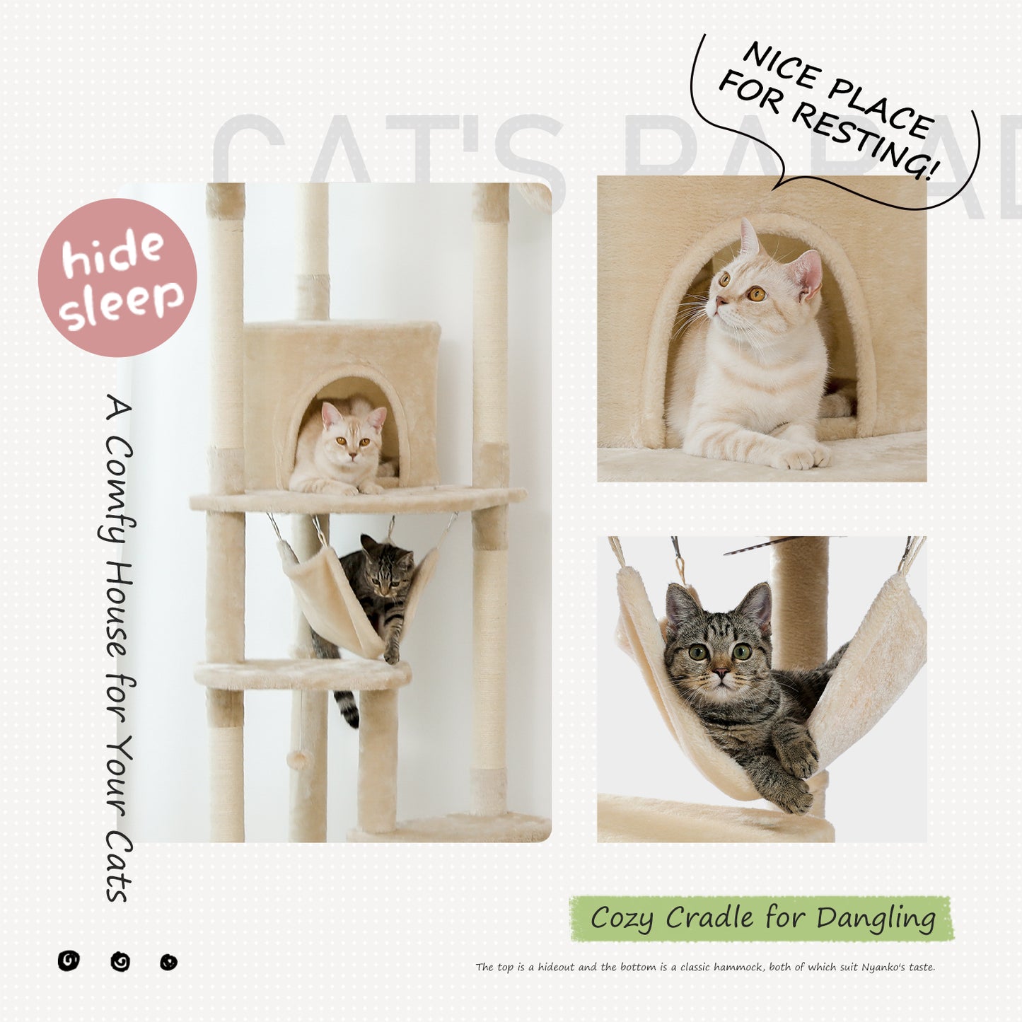 PAWZ Road Cat Tree Tower Scratching Post Floor to Ceiling Height Adjustable Cat Condo Bed Beige