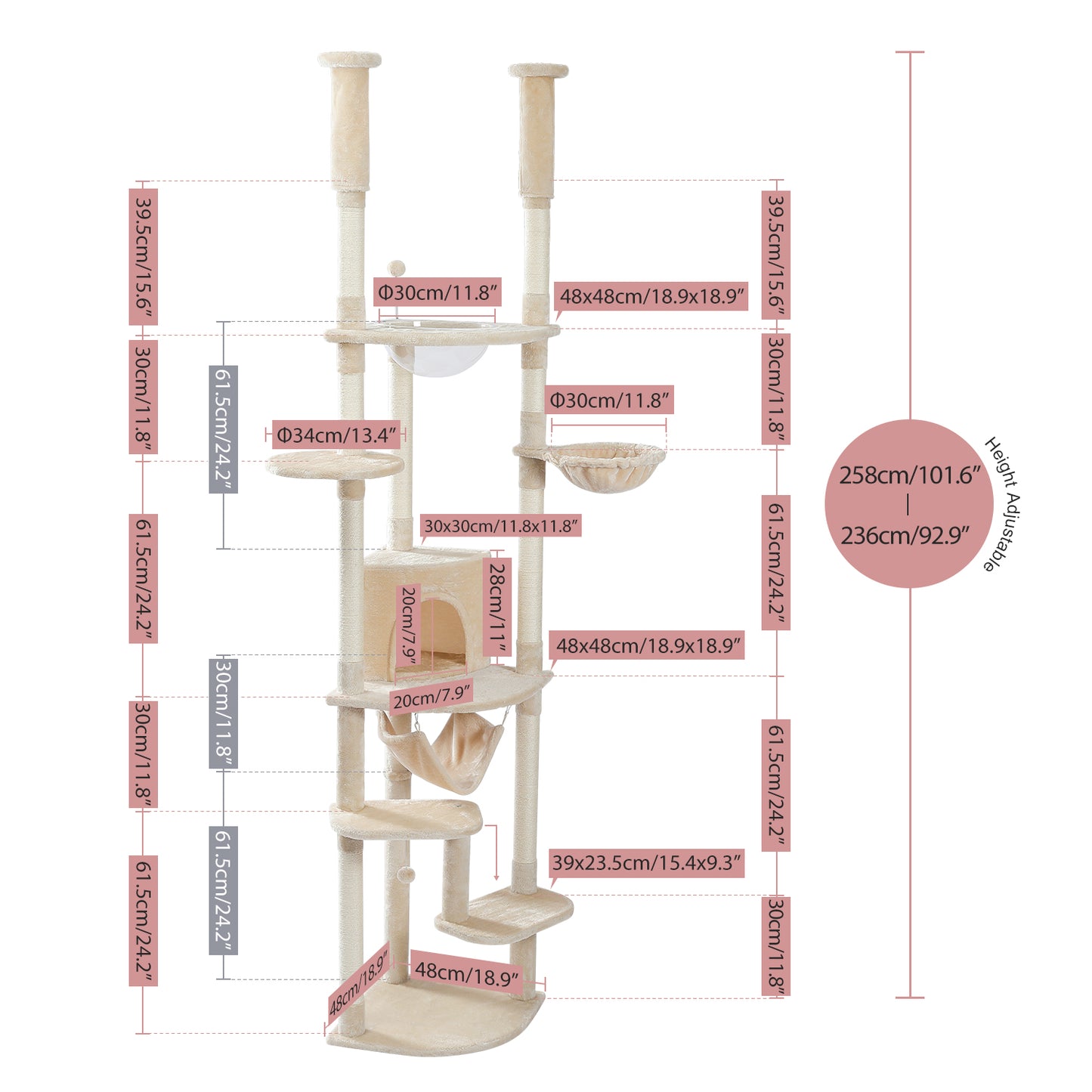 PAWZ Road Cat Tree Tower Scratching Post Floor to Ceiling Height Adjustable Cat Condo Bed Beige