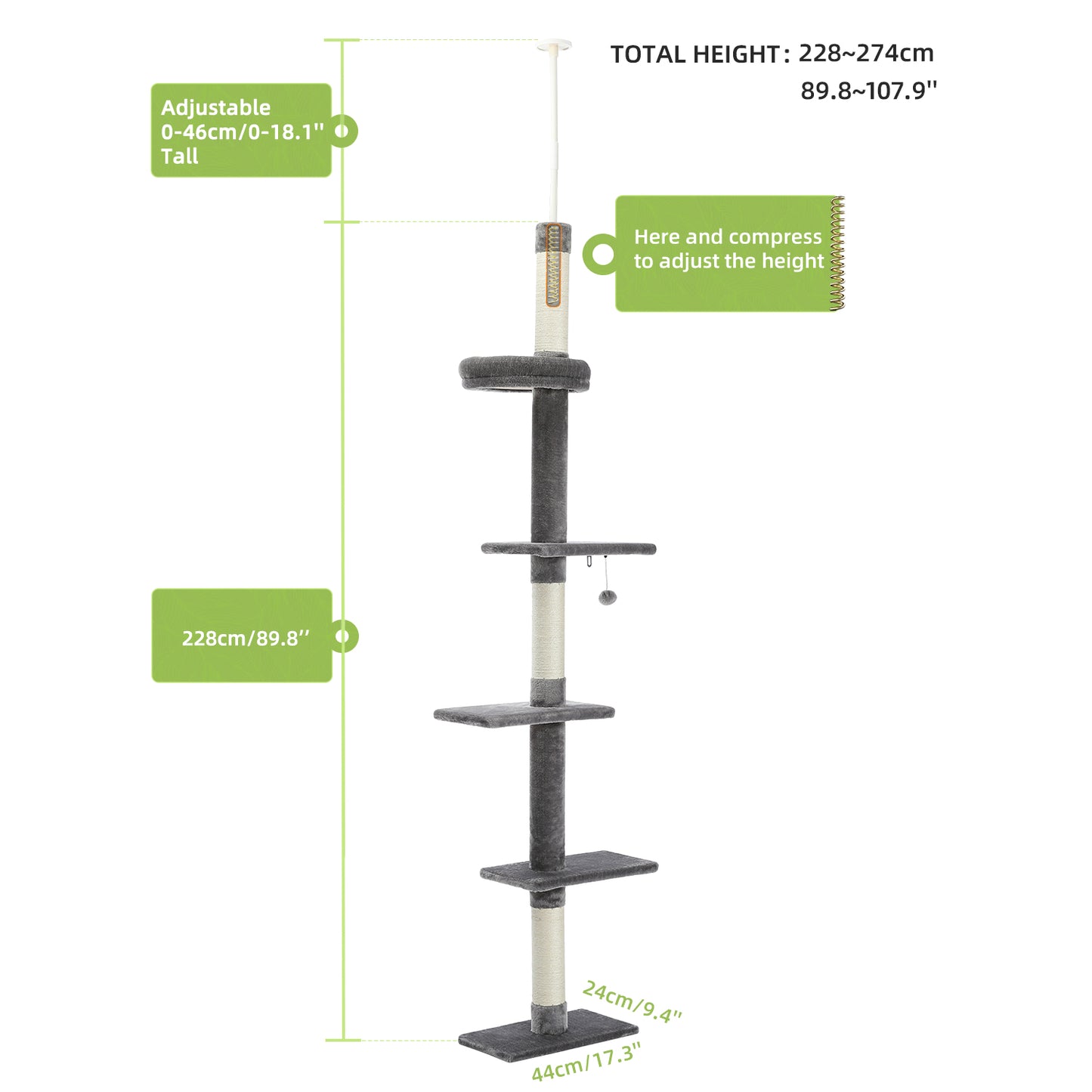 PAWZ Road Cat Tree Tower Floor to Ceiling Cat Scratching Post Height Adjustable Grey