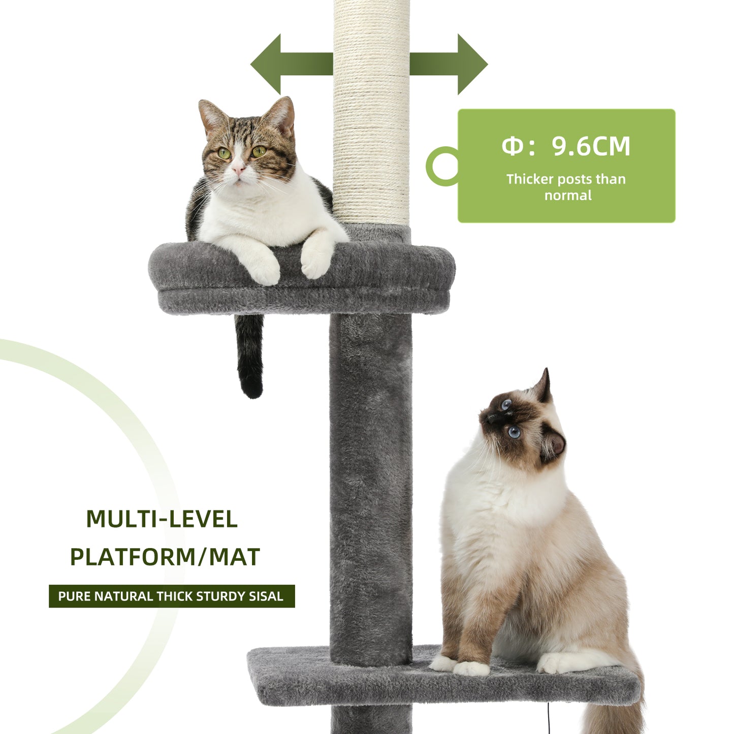 PAWZ Road Cat Tree Tower Floor to Ceiling Cat Scratching Post Height Adjustable Grey