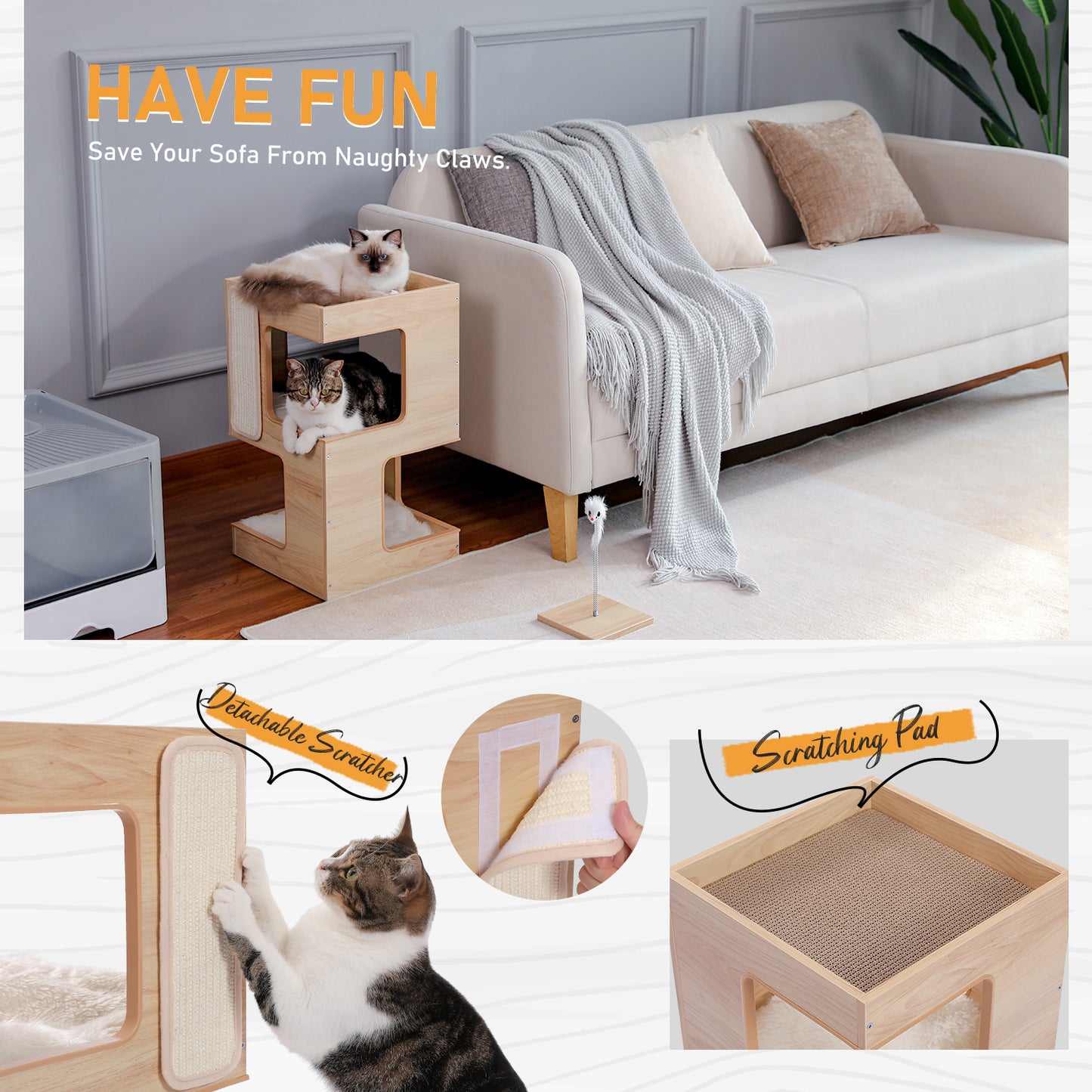PAWZ Road Cat Tree Bed Bedside Tables Tower Condo House Scratcher Furniture Toy Beige