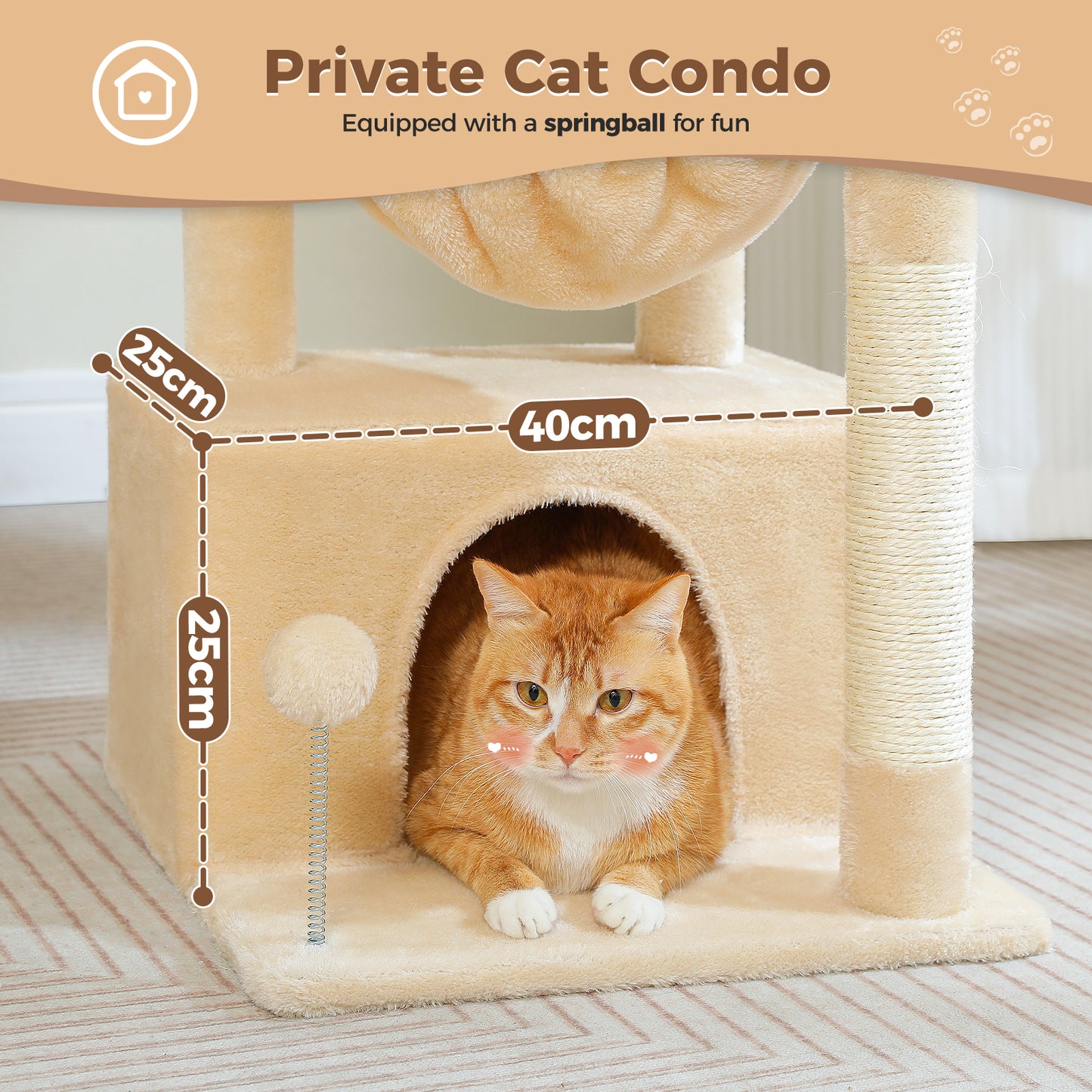 PAWZ Road Plush Cat Tree, 83cm Cat Tower with Cozy Hammock, Pet Furniture Natural Sisal Scratching Posts, Spacious Plush Perch, Large Cat Condo, Dingdang Balls for Indoor Cats, Beige