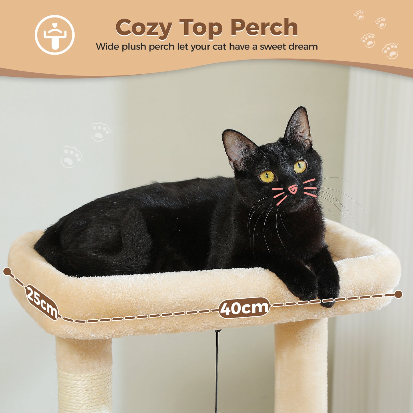 PAWZ Road Plush Cat Tree, 83cm Cat Tower with Cozy Hammock, Pet Furniture Natural Sisal Scratching Posts, Spacious Plush Perch, Large Cat Condo, Dingdang Balls for Indoor Cats, Beige