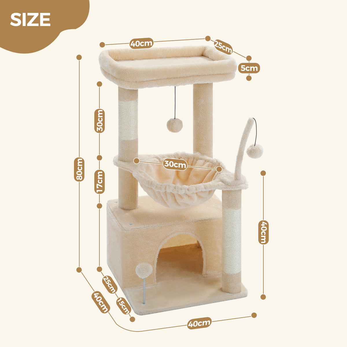 PAWZ Road Plush Cat Tree, 83cm Cat Tower with Cozy Hammock, Pet Furniture Natural Sisal Scratching Posts, Spacious Plush Perch, Large Cat Condo, Dingdang Balls for Indoor Cats, Beige