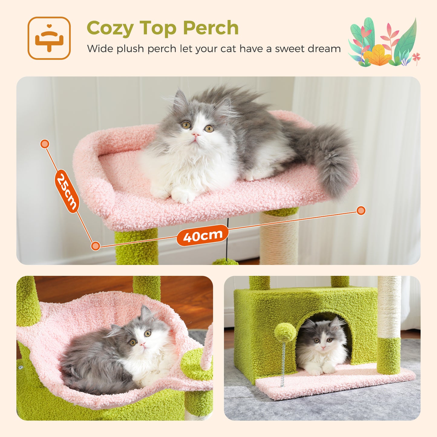 PAWZ Road Plush Cat Tree, 83cm Cat Tower with Cozy Hammock, Pet Furniture Natural Sisal Scratching Posts, Spacious Plush Perch, Large Cat Condo, Dingdang Balls for Indoor Cats, Pink