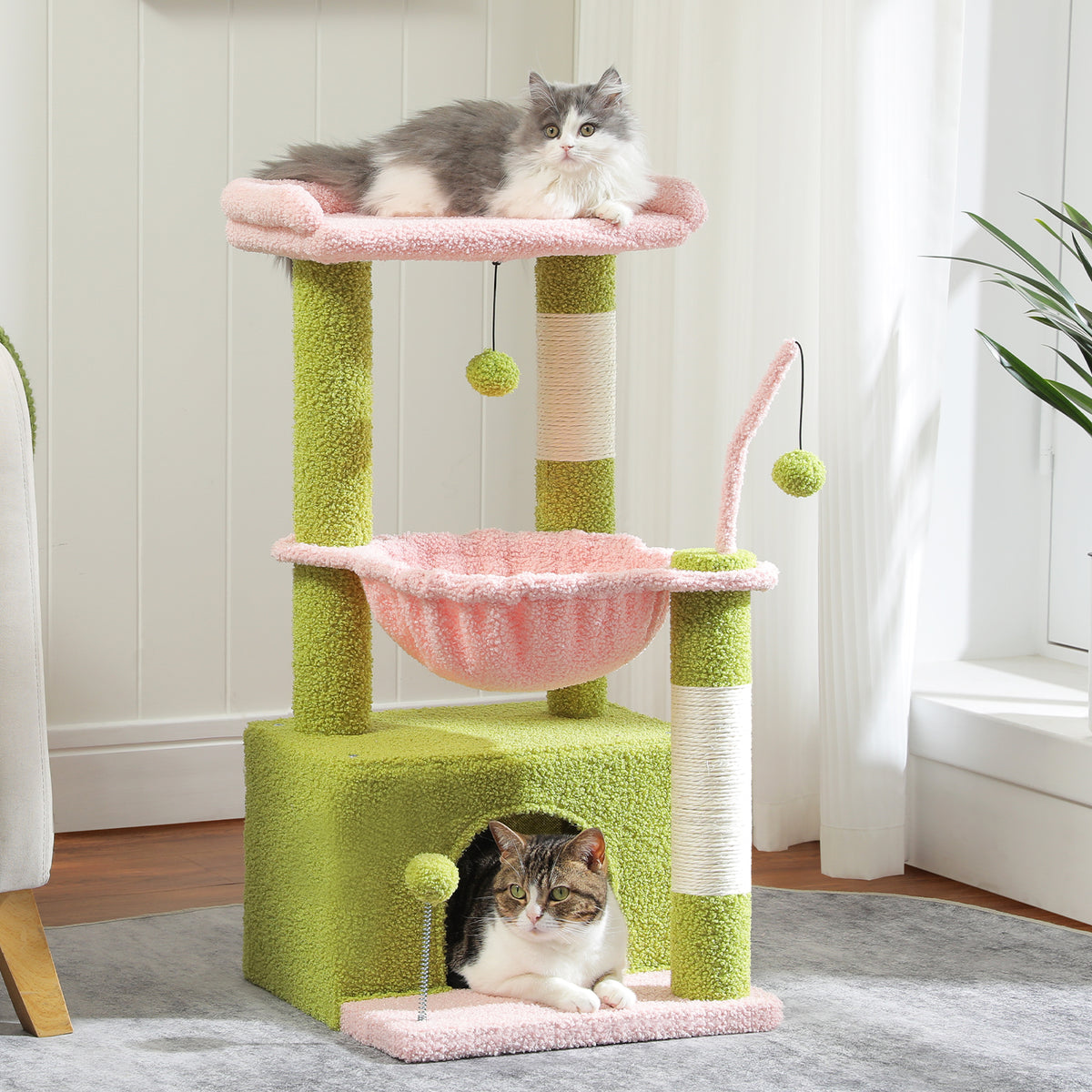 PAWZ Road Plush Cat Tree, 83cm Cat Tower with Cozy Hammock, Pet Furniture Natural Sisal Scratching Posts, Spacious Plush Perch, Large Cat Condo, Dingdang Balls for Indoor Cats, Pink
