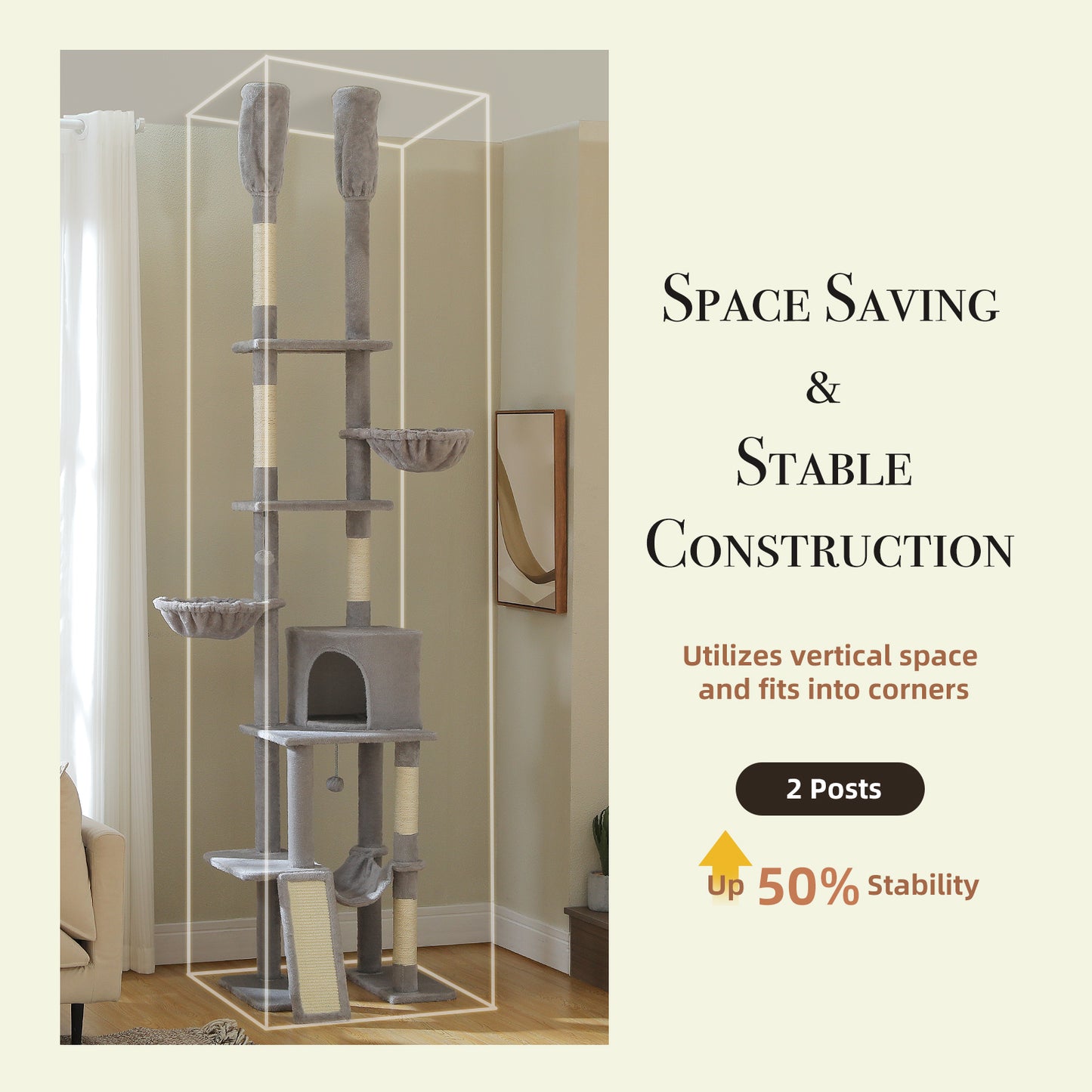 PAWZ Road Cat Tree Tower Scratching Post Scratcher Adjustable Height 216-285cm Grey