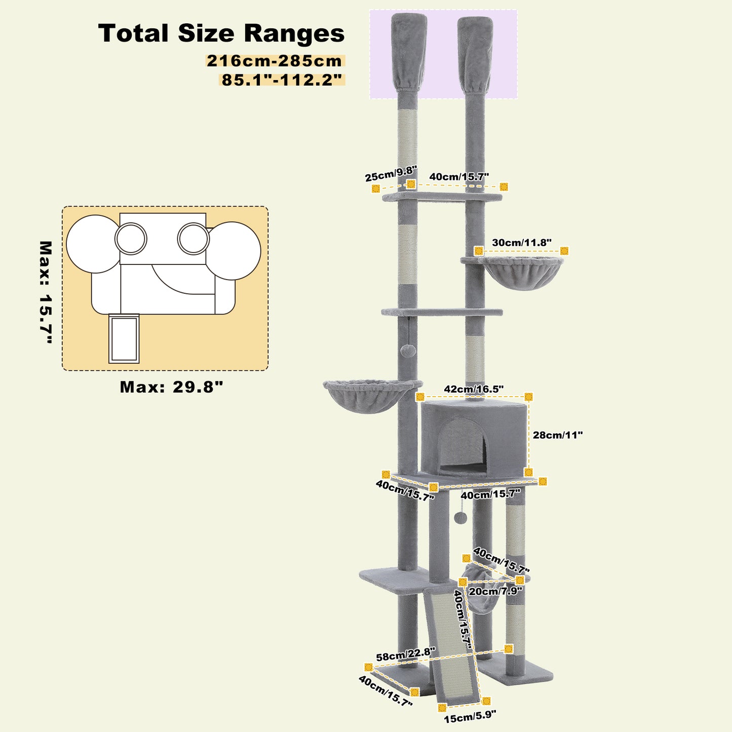 PAWZ Road Cat Tree Tower Scratching Post Scratcher Adjustable Height 216-285cm Grey
