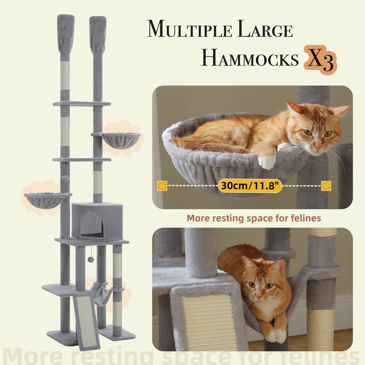 PAWZ Road Cat Tree Tower Scratching Post Scratcher Adjustable Height 216-285cm Grey