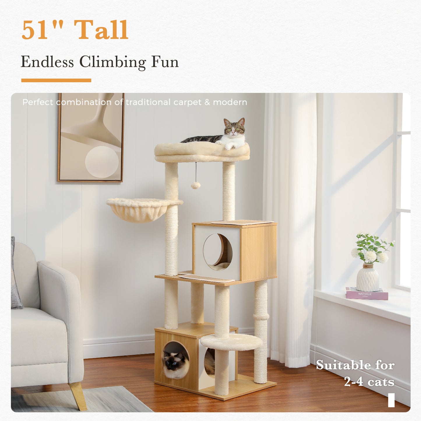 PAWZ Road Cat Tree Tower Scratching Post Wood Condo House Scracher Bed Toy 130cm Beige