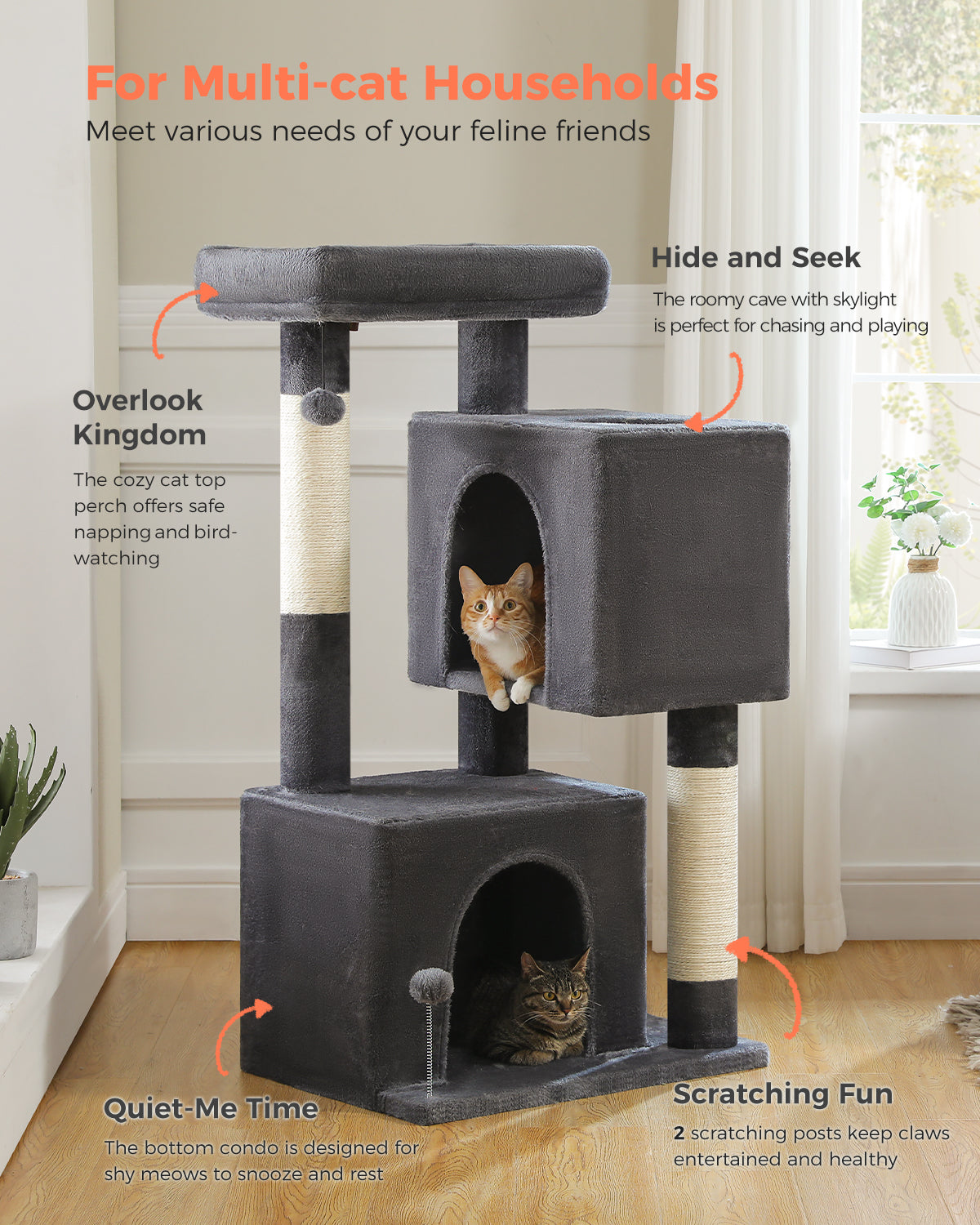 PAWZ Road 110cm Cat Tree Tower Scratching Post Scratcher with Large Condo House Beds for Large Cats Dark Grey