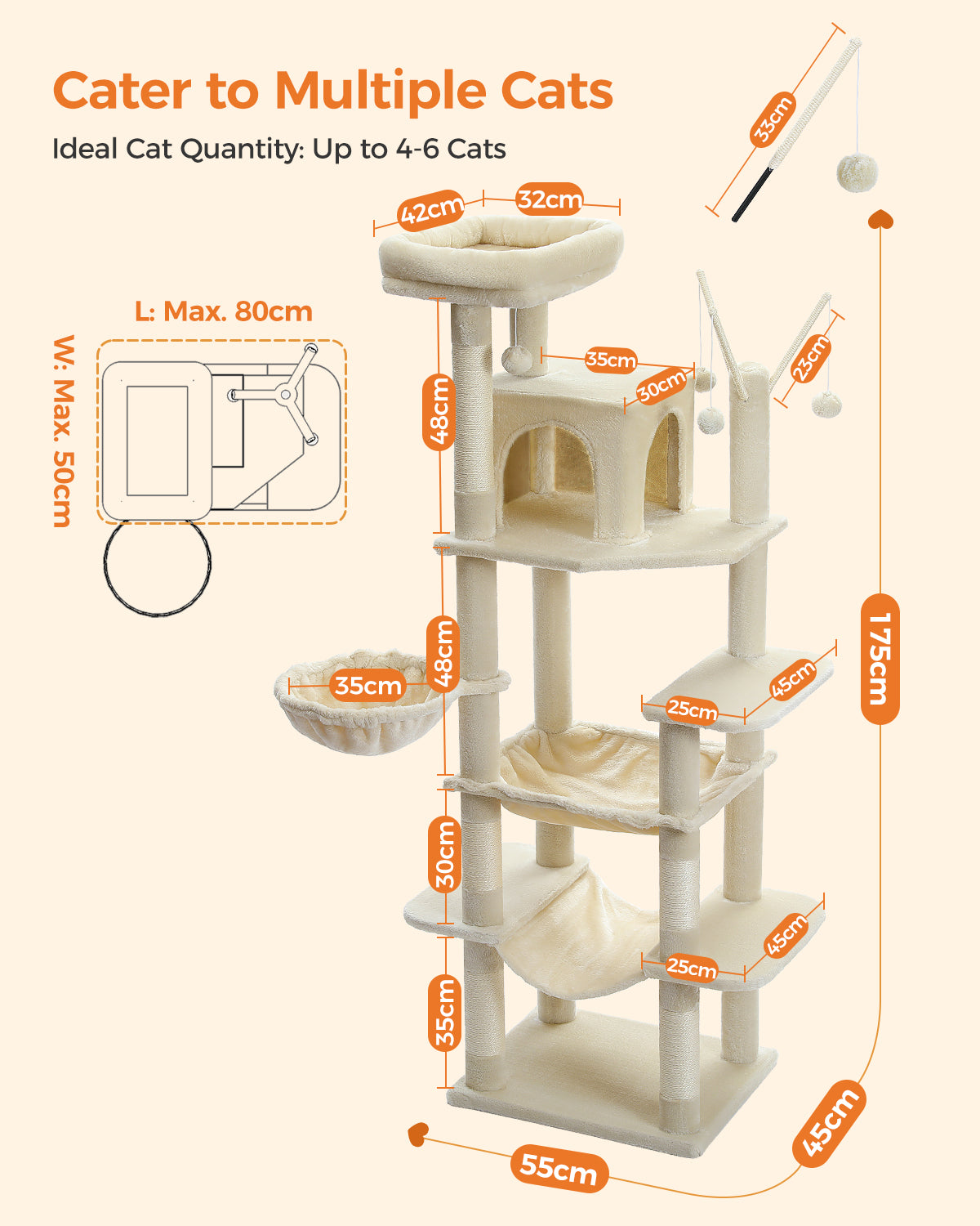 PAWZ Road 175CM Cat Tree Scratching Post Scratcher Cat Tower Condo House Furniture Bed Beige