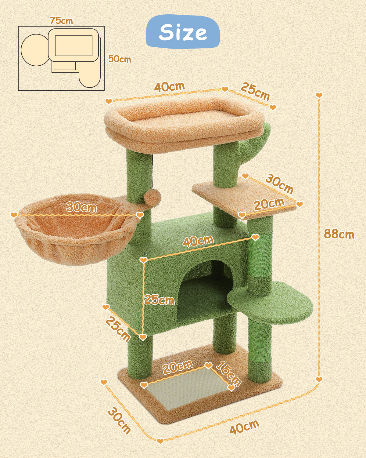 PAWZ Road 88cm Cat Tree Tower Sisal Scratching Posts Hammock Condo House Kitten Toys Green