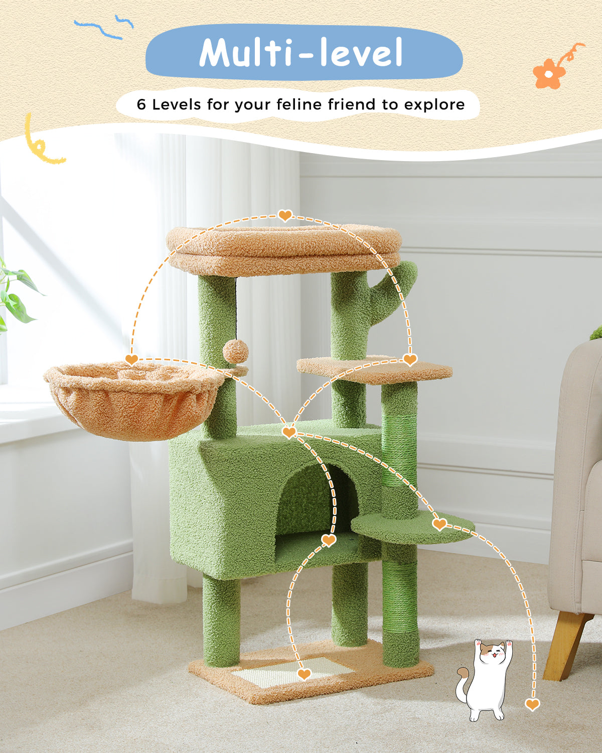 PAWZ Road 88cm Cat Tree Tower Sisal Scratching Posts Hammock Condo House Kitten Toys Green