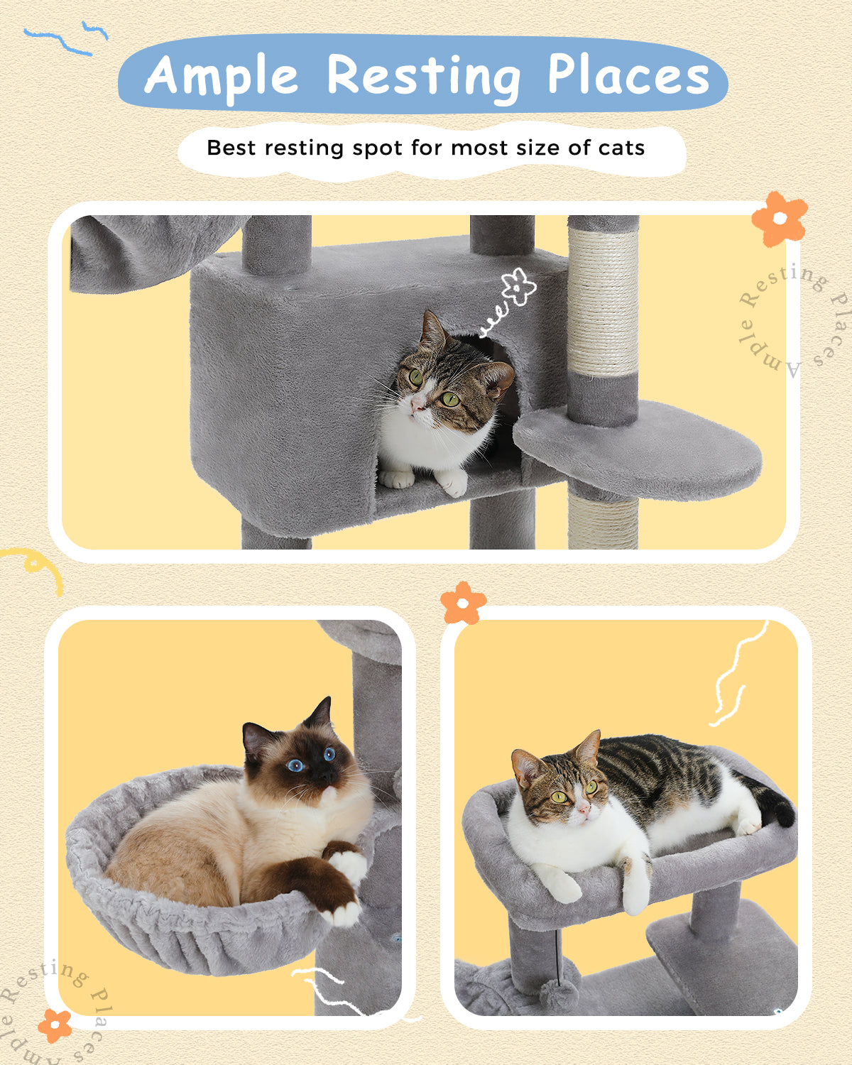 PAWZ Road 88cm Cat Tree Tower Sisal Scratching Posts Hammock Condo House Kitten Toys Grey