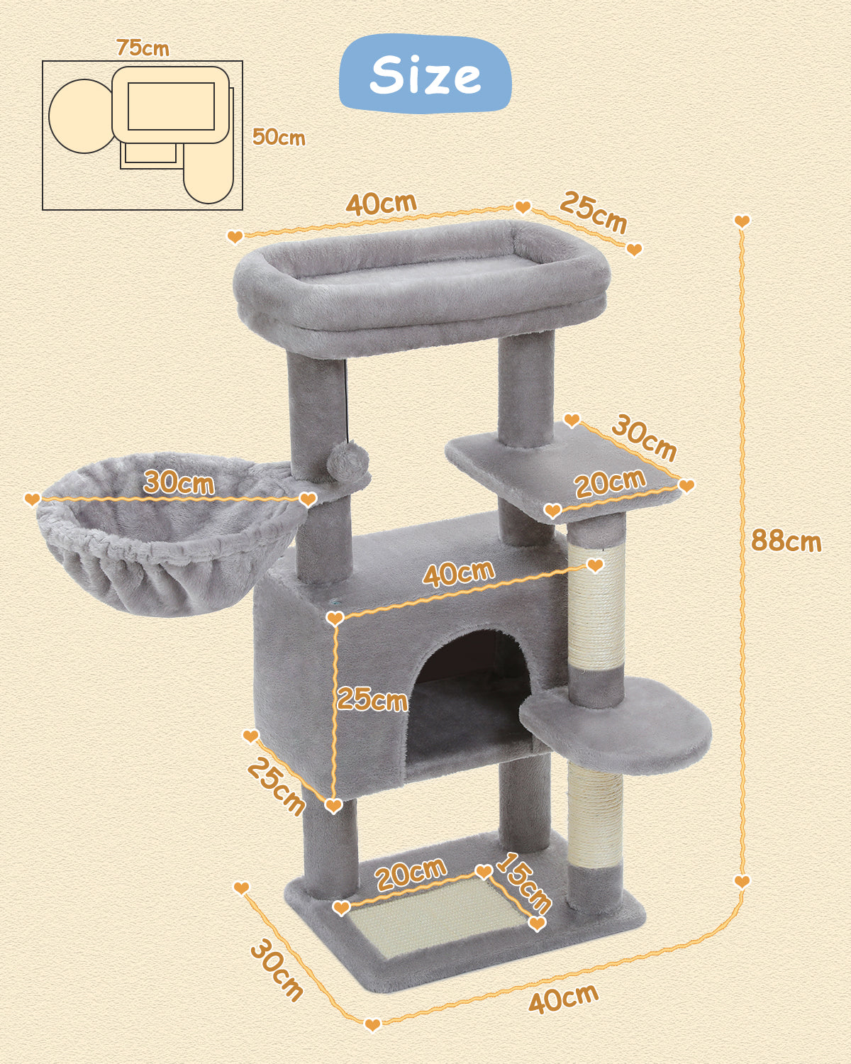 PAWZ Road 88cm Cat Tree Tower Sisal Scratching Posts Hammock Condo House Kitten Toys Grey