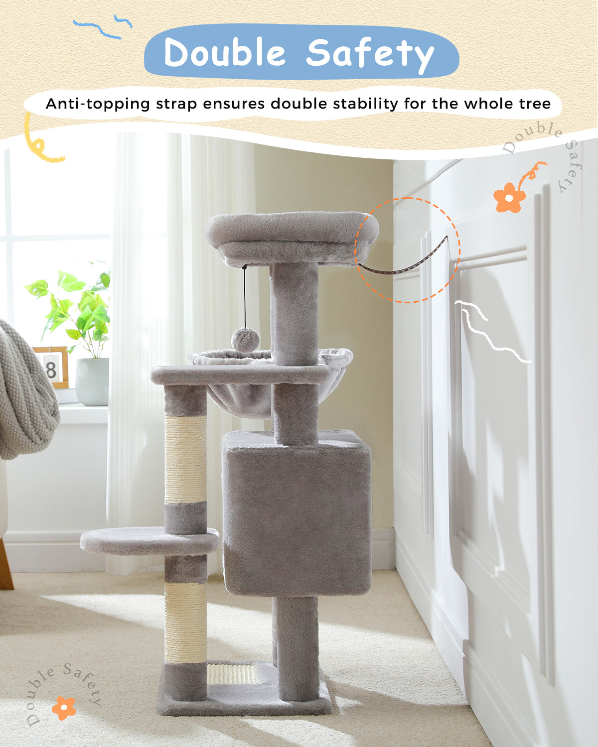 PAWZ Road 88cm Cat Tree Tower Sisal Scratching Posts Hammock Condo House Kitten Toys Grey