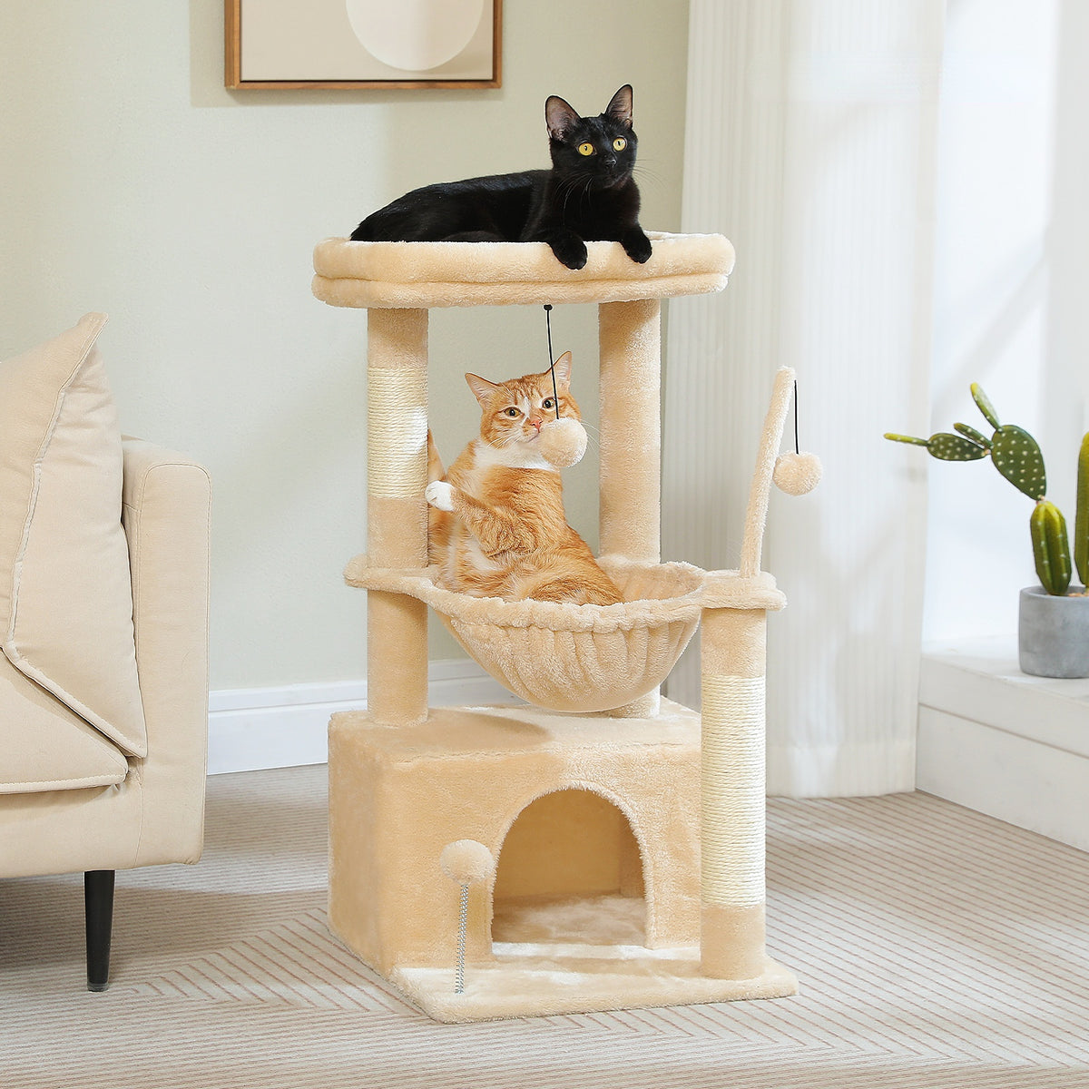 PAWZ Road Plush Cat Tree, 83cm Cat Tower with Cozy Hammock, Pet Furniture Natural Sisal Scratching Posts, Spacious Plush Perch, Large Cat Condo, Dingdang Balls for Indoor Cats, Beige