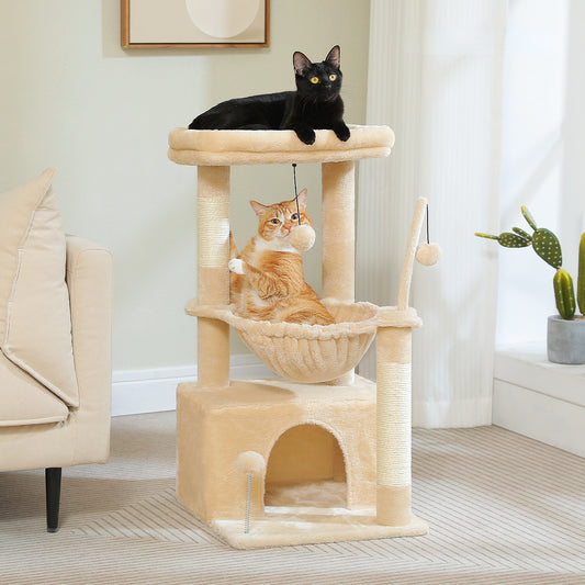 PAWZ Road Plush Cat Tree, 83cm Cat Tower with Cozy Hammock, Pet Furniture Natural Sisal Scratching Posts, Spacious Plush Perch, Large Cat Condo, Dingdang Balls for Indoor Cats, Beige