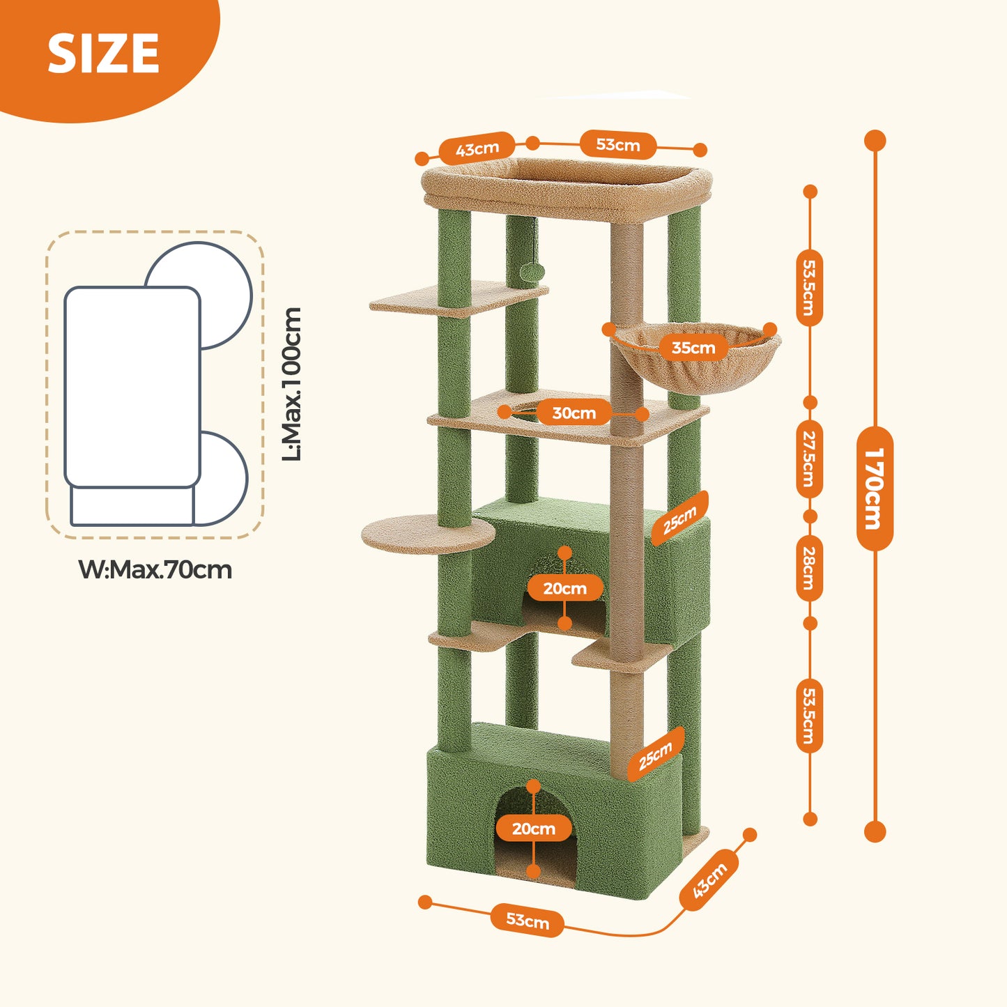 PAWZ Road 170cm Cat Tree Tower Scratching Post Scratcher Large Cats Condo House Green