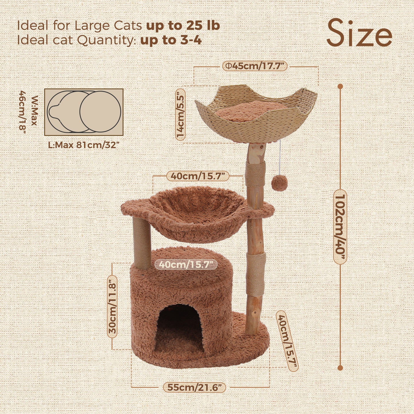 PAWZ Road Modern 105cm Cat Tree Tower Real Wood Cat Scratching Post with Large Hammock