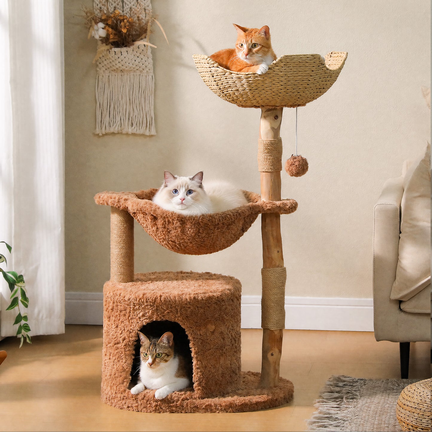 PAWZ Road Modern 105cm Cat Tree Tower Real Wood Cat Scratching Post with Large Hammock