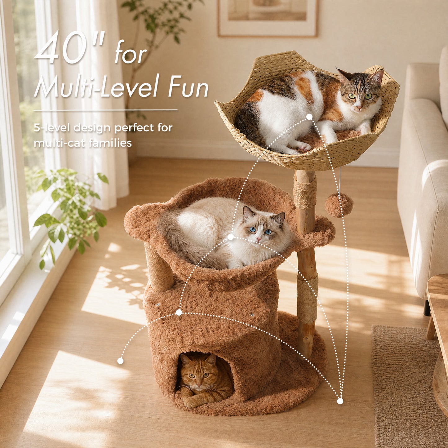 PAWZ Road Modern 105cm Cat Tree Tower Real Wood Cat Scratching Post with Large Hammock