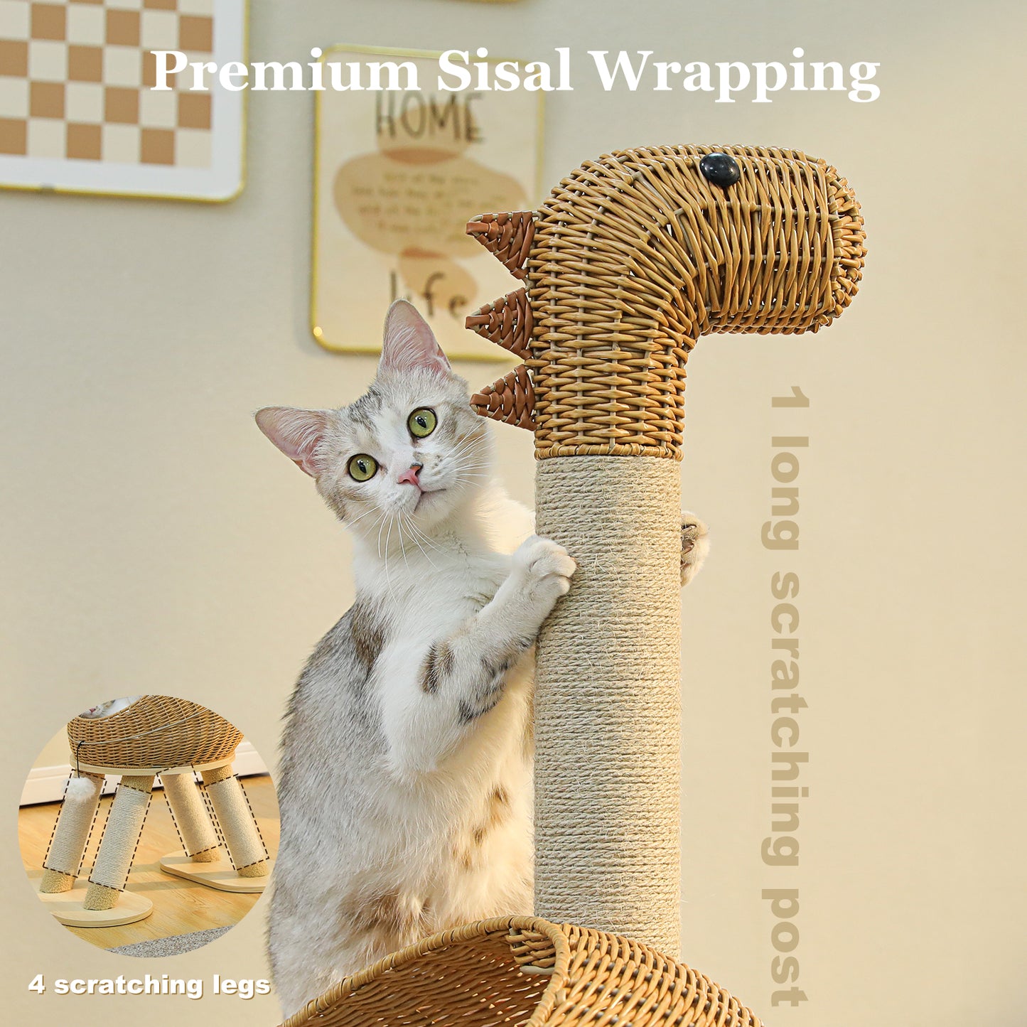 PAWZ Road Modern Cat Tree 46” Cat Dinosaur Tower with Scratching Post, Large Rattan Cats House in 18” Diameter, Wicker Cats Bed with Removable Mat