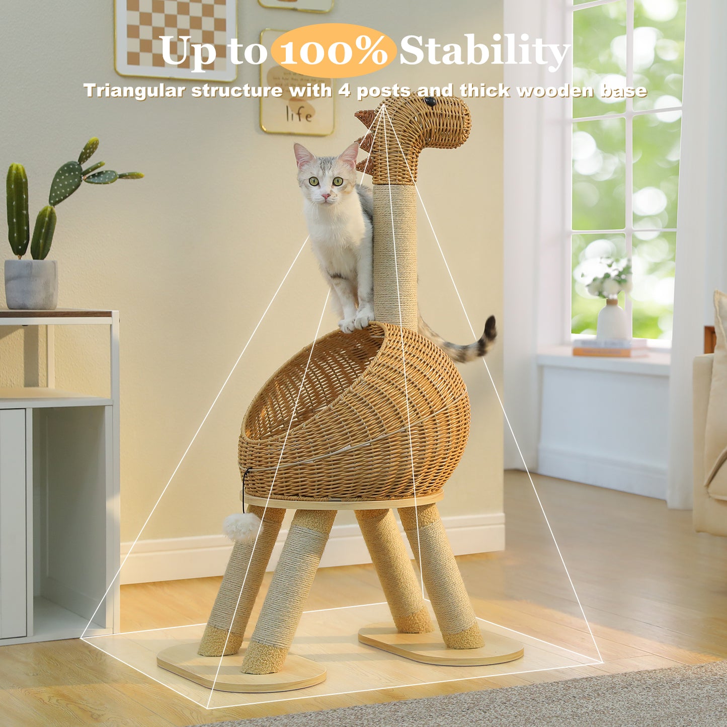 PAWZ Road Modern Cat Tree 46” Cat Dinosaur Tower with Scratching Post, Large Rattan Cats House in 18” Diameter, Wicker Cats Bed with Removable Mat