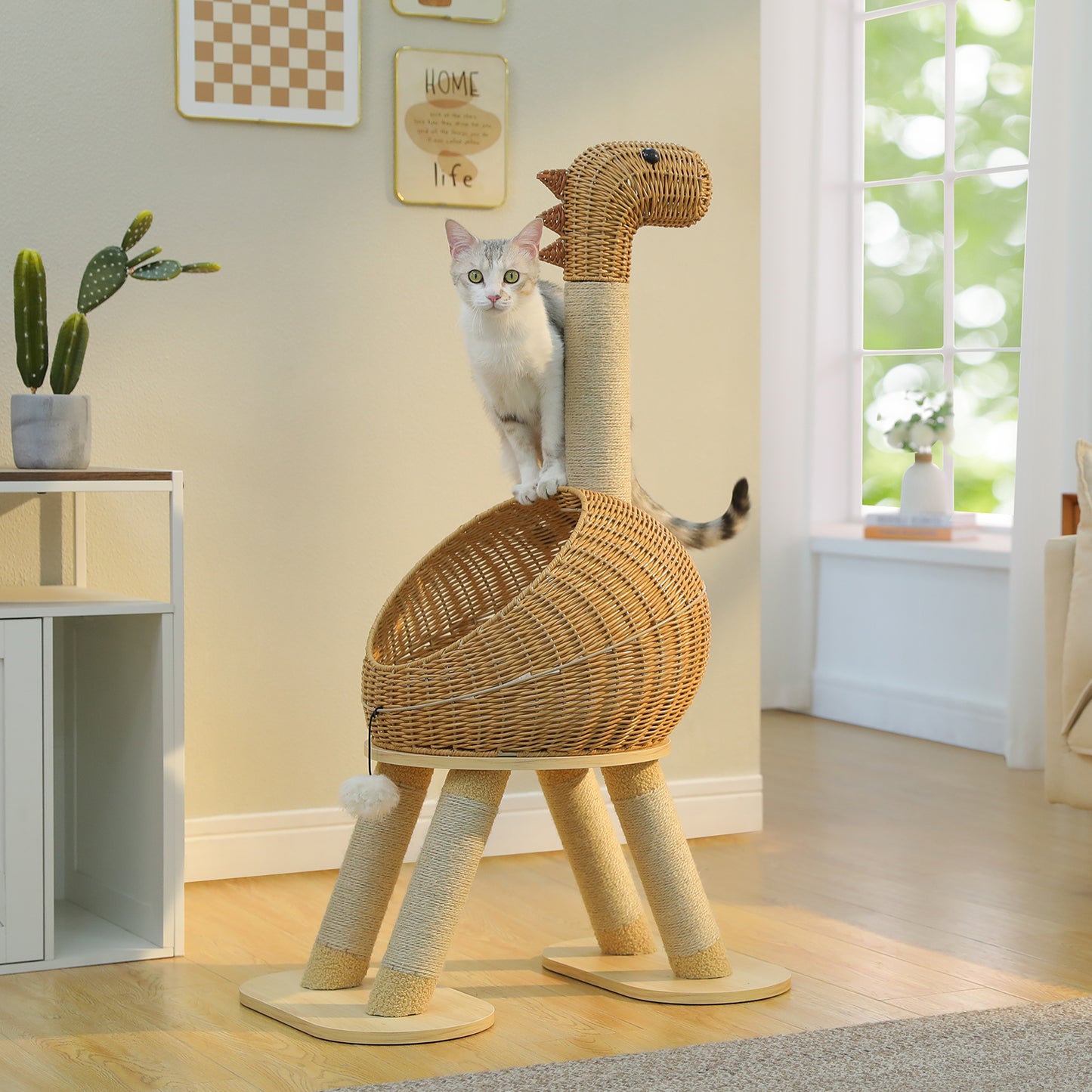 PAWZ Road Modern Cat Tree 46” Cat Dinosaur Tower with Scratching Post, Large Rattan Cats House in 18” Diameter, Wicker Cats Bed with Removable Mat