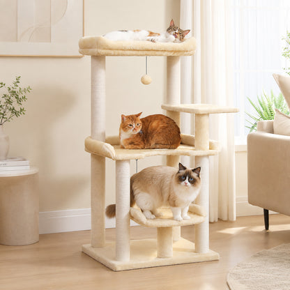 PAWZ Road 113cm Cat Tree for Indoor Cats Large Adult, Multi-Level Cat Tower with Scratching Posts, Spacious Top Perch, Large Bed and Pompom Balls