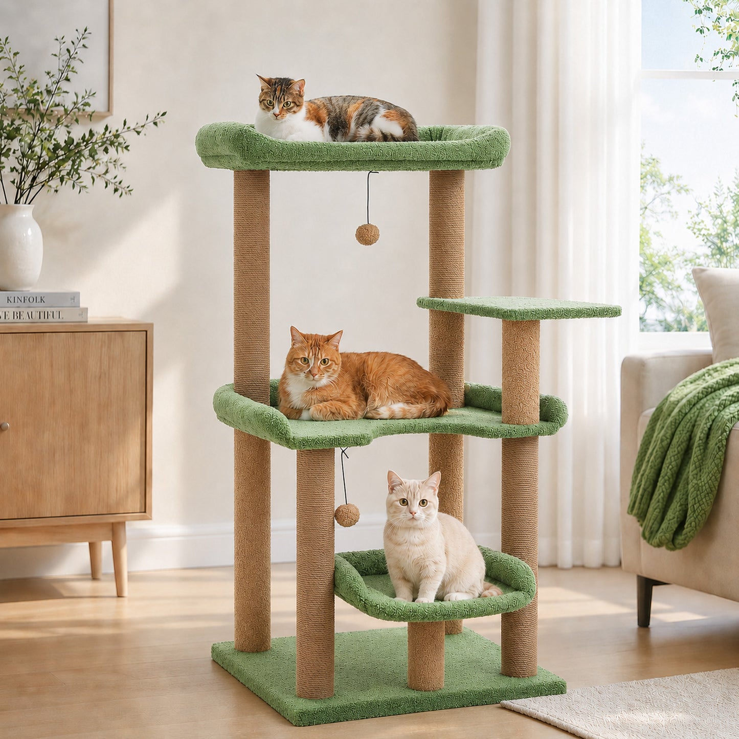 PAWZ Road 113cm Cat Tree for Indoor Cats Large Adult, Multi-Level Cat Tower with Scratching Posts, Spacious Top Perch, Large Bed and Pompom Balls