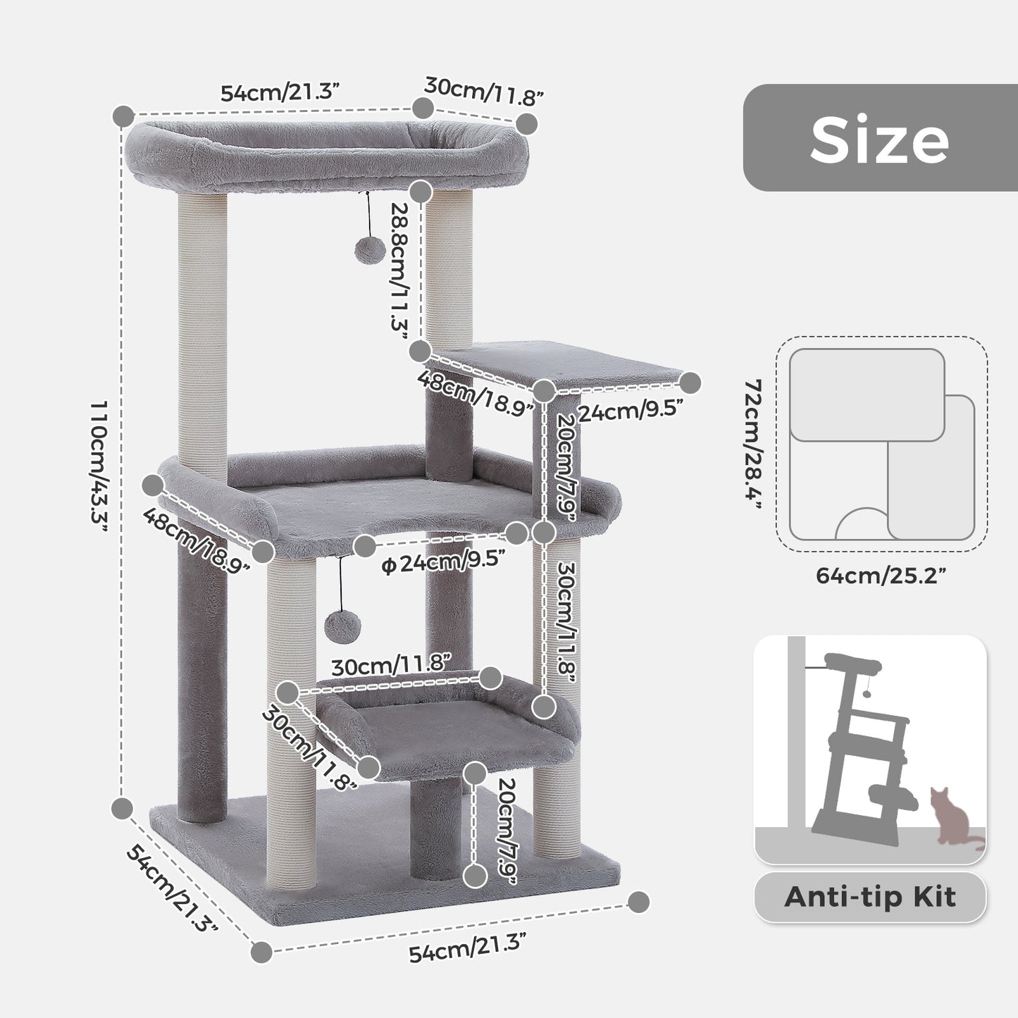 PAWZ Road 113cm Cat Tree for Indoor Cats Large Adult, Multi-Level Cat Tower with Scratching Posts, Spacious Top Perch, Large Bed and Pompom Balls