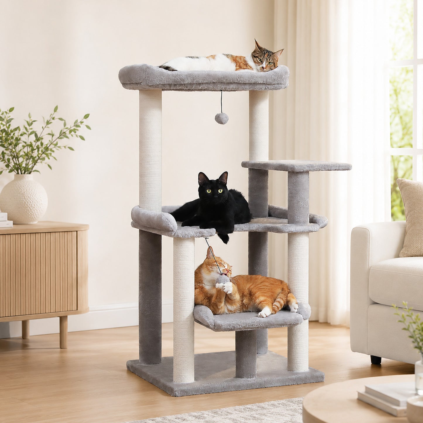 PAWZ Road 113cm Cat Tree for Indoor Cats Large Adult, Multi-Level Cat Tower with Scratching Posts, Spacious Top Perch, Large Bed and Pompom Balls