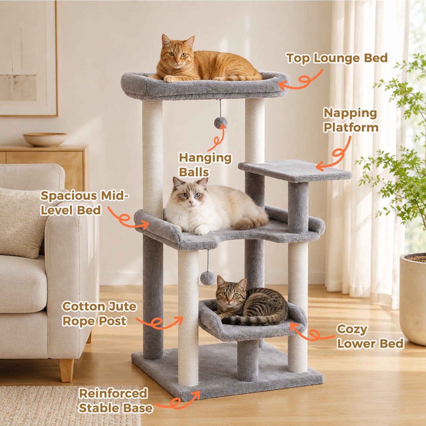 PAWZ Road 113cm Cat Tree for Indoor Cats Large Adult, Multi-Level Cat Tower with Scratching Posts, Spacious Top Perch, Large Bed and Pompom Balls