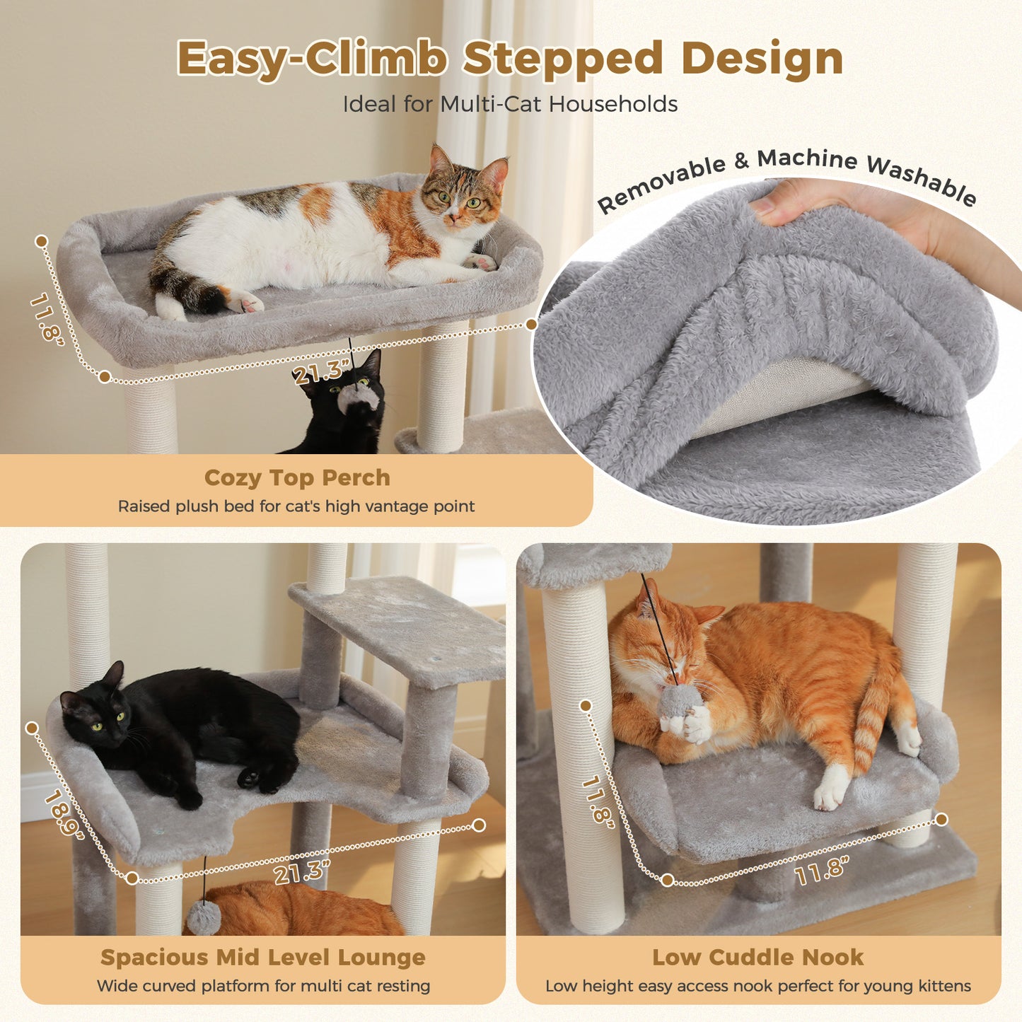 PAWZ Road 113cm Cat Tree for Indoor Cats Large Adult, Multi-Level Cat Tower with Scratching Posts, Spacious Top Perch, Large Bed and Pompom Balls