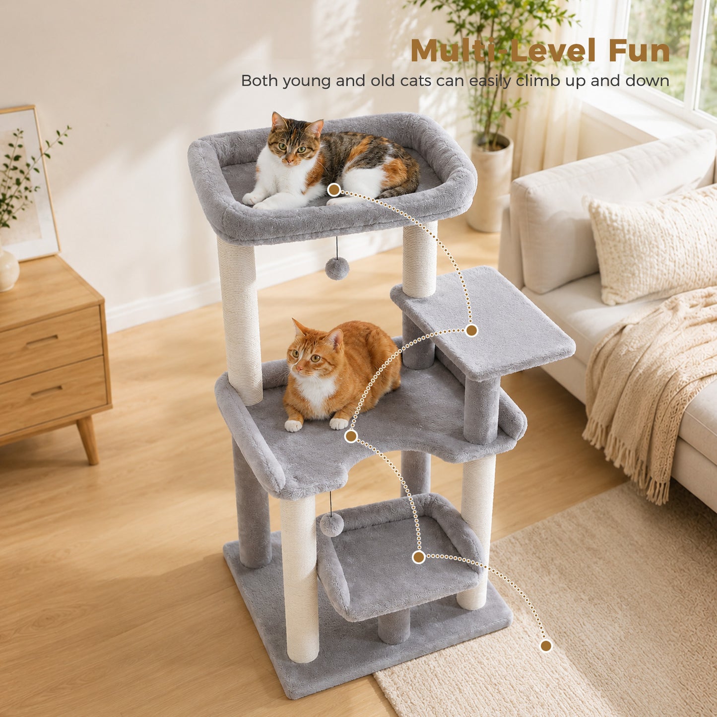 PAWZ Road 113cm Cat Tree for Indoor Cats Large Adult, Multi-Level Cat Tower with Scratching Posts, Spacious Top Perch, Large Bed and Pompom Balls
