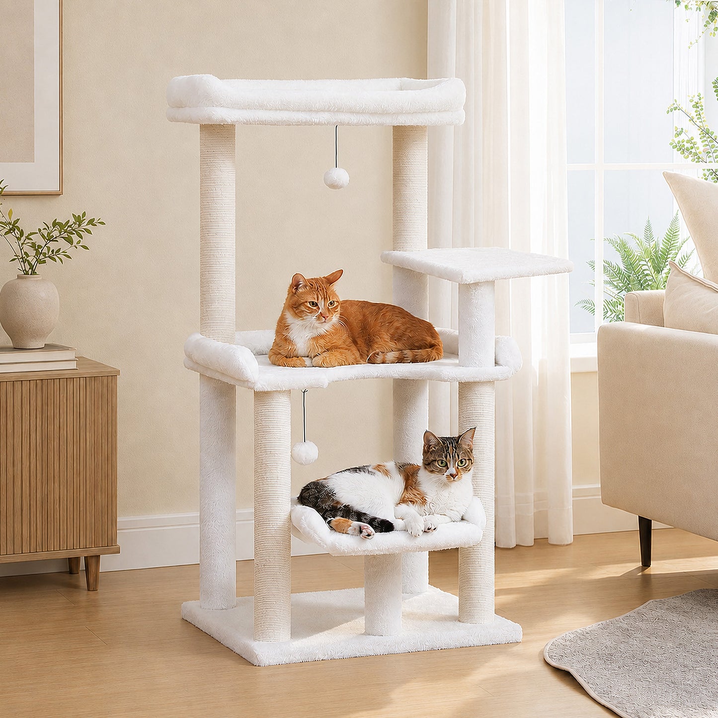 PAWZ Road 113cm Cat Tree for Indoor Cats Large Adult, Multi-Level Cat Tower with Scratching Posts, Spacious Top Perch, Large Bed and Pompom Balls