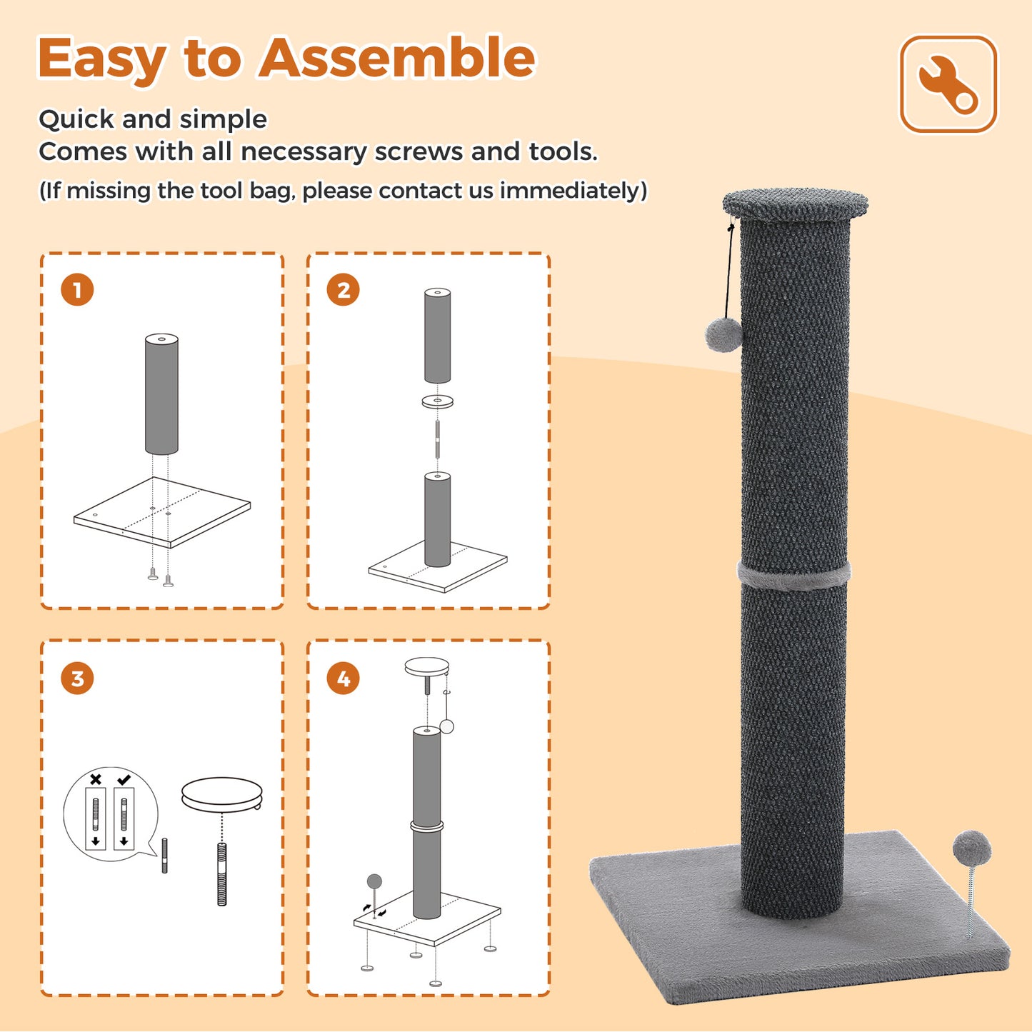 PAWZ Road Carpet Wrapped 102cm Tall Cat Scratching Post, Cat Scratching Tower with Hanging Toy for Indoor Cats, Large Scratcher Post for All Age Kittens with Reinforced Stable Base, Dark Grey