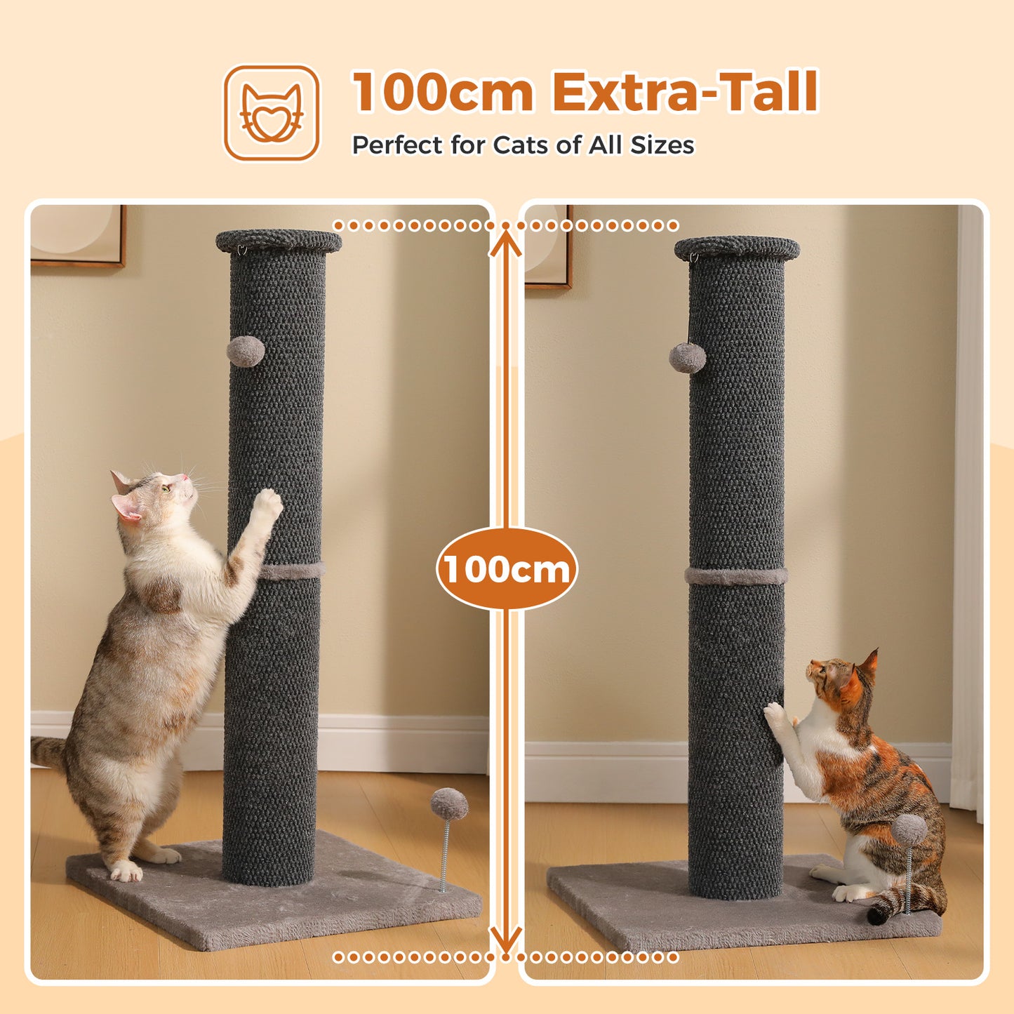 PAWZ Road Carpet Wrapped 102cm Tall Cat Scratching Post, Cat Scratching Tower with Hanging Toy for Indoor Cats, Large Scratcher Post for All Age Kittens with Reinforced Stable Base, Dark Grey