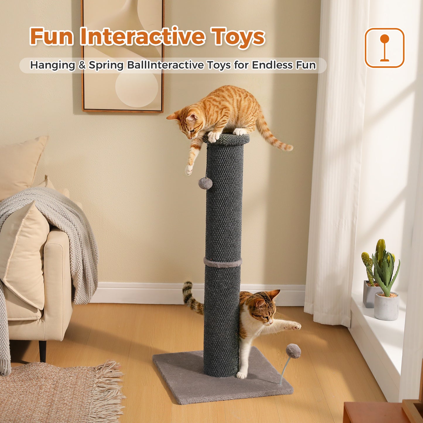 PAWZ Road Carpet Wrapped 102cm Tall Cat Scratching Post, Cat Scratching Tower with Hanging Toy for Indoor Cats, Large Scratcher Post for All Age Kittens with Reinforced Stable Base, Dark Grey