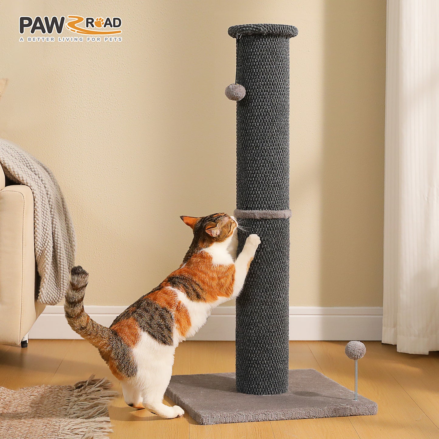 PAWZ Road Carpet Wrapped 102cm Tall Cat Scratching Post, Cat Scratching Tower with Hanging Toy for Indoor Cats, Large Scratcher Post for All Age Kittens with Reinforced Stable Base, Dark Grey