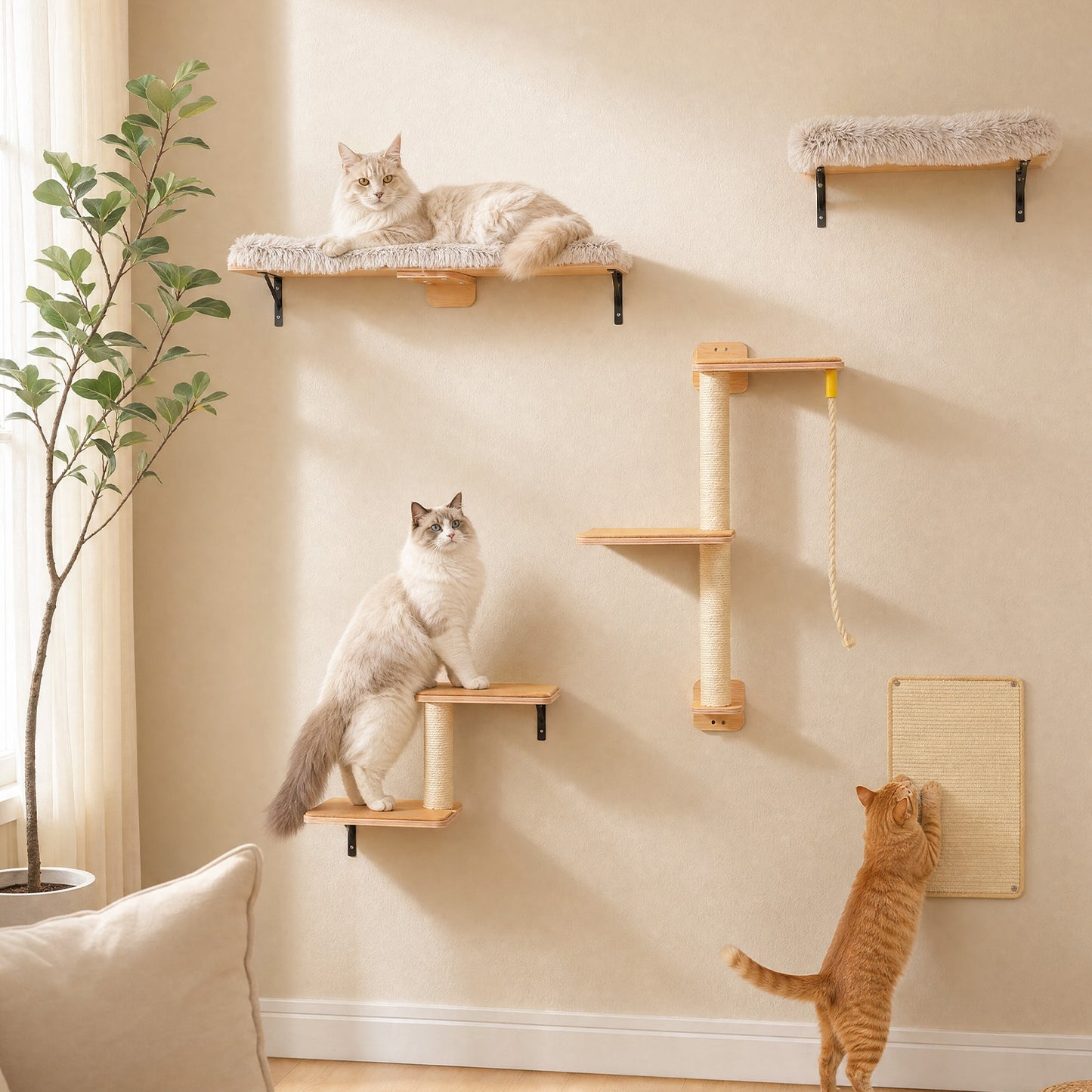 PAWZ Road Cat Wall Shelves, Wooden Cat Wall Mounted with Scratching Posts, 5-in-1 Modern Climbing Set with Scratcher Pads & 4 Steps Climbing Rops for Indoor Cats, Beige