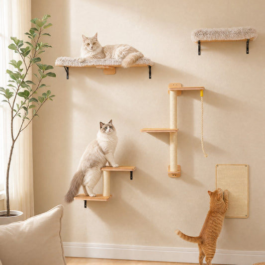 PAWZ Road Cat Wall Shelves, Wooden Cat Wall Mounted with Scratching Posts, 5-in-1 Modern Climbing Set with Scratcher Pads & 4 Steps Climbing Rops for Indoor Cats, Beige