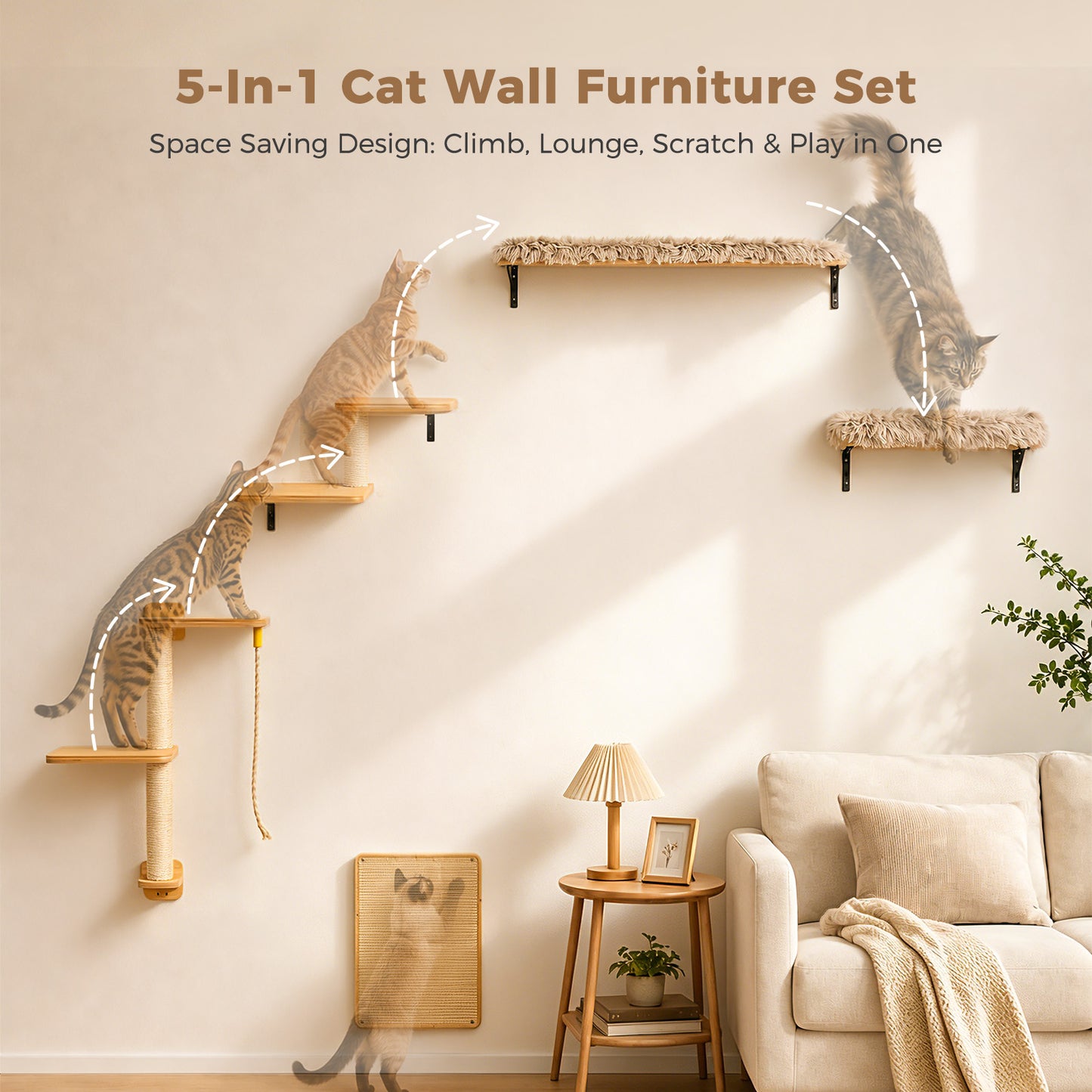 PAWZ Road Cat Wall Shelves, Wooden Cat Wall Mounted with Scratching Posts, 5-in-1 Modern Climbing Set with Scratcher Pads & 4 Steps Climbing Rops for Indoor Cats, Beige