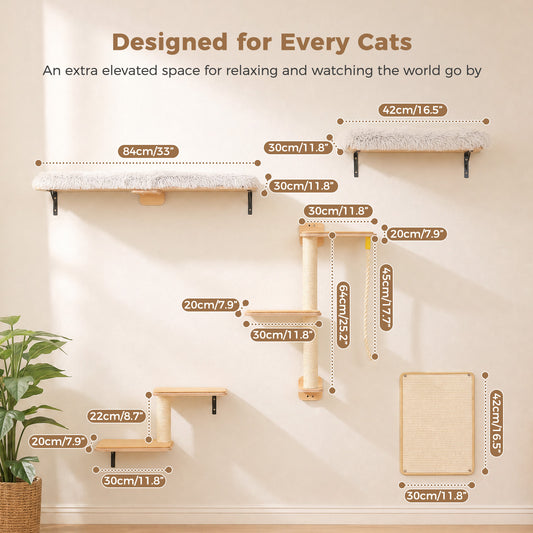 PAWZ Road Cat Wall Shelves, Wooden Cat Wall Mounted with Scratching Posts, 5-in-1 Modern Climbing Set with Scratcher Pads & 4 Steps Climbing Rops for Indoor Cats, Beige