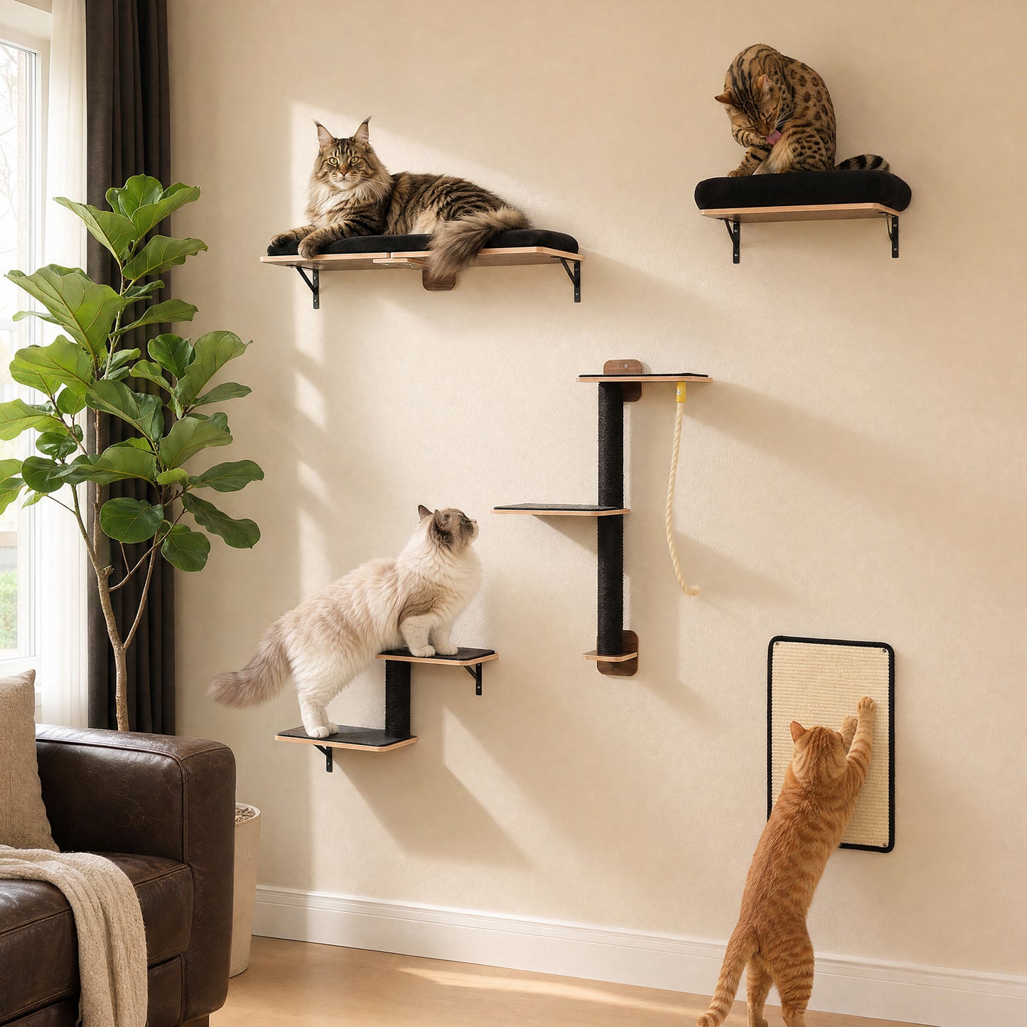 PAWZ Road Cat Wall Shelves, Wooden Cat Wall Mounted with Scratching Posts, 5-in-1 Modern Climbing Set with Scratcher Pads & 4 Steps Climbing Rops for Indoor Cats, Black