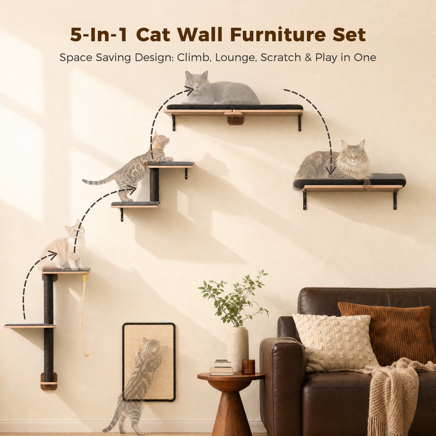 PAWZ Road Cat Wall Shelves, Wooden Cat Wall Mounted with Scratching Posts, 5-in-1 Modern Climbing Set with Scratcher Pads & 4 Steps Climbing Rops for Indoor Cats, Black